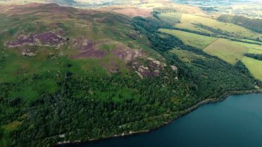 İngiltere Gölü Dağ Tepesi 'nin hava aracı üstgeçidi ağaçların ormanlarıyla kaplı ve Ullswater Gölü yazın görünürde.
