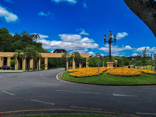 Açık bir günde yeşil ağaçlar ve park binalarıyla çevrili sarı çiçekli canlı bir çiçek bahçesi. Mavi, bulutlu gökyüzü buranın güzelliğini arttırır. Rahatlatıcı bir yürüyüş için mükemmeldir..