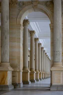 Yüksek mermer kolonlara ve süslü kemerlere sahip çarpıcı bir sütun Çek Cumhuriyeti 'nin Karlovy Vary kentindeki klasik mimarinin ihtişamını gözler önüne seriyor. Yüksek kalite fotoğraf