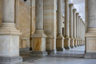 Yüksek mermer kolonlara ve süslü kemerlere sahip çarpıcı bir sütun Çek Cumhuriyeti 'nin Karlovy Vary kentindeki klasik mimarinin ihtişamını gözler önüne seriyor. Yüksek kalite fotoğraf