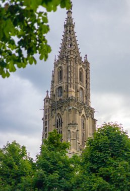 Bern, İsviçre, 20 Haziran 2024. Bern Minster 'ın Gotik Detayları. Bern Minster 'ın süslü gotik mimarisine yakın plan, karmaşık taş oymaları, sivri kuleler ve