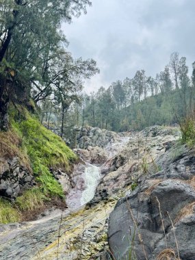 Kalipait Şelalesi Bondowoso. Bereketli yeşilliklerle ve bulutlu gökyüzünün altındaki ağaçlarla çevrili kayalık arazide çağlayan sakin bir sülfür şelalesi..