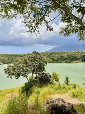 Scenic view of a lush green landscape with a lake and mountains under a cloudy sky. Bajulmati Dam Situbondo clipart