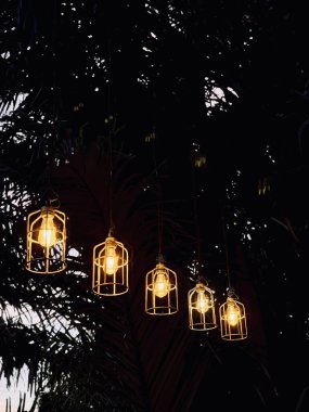 Sıcak ışıkları olan beş fener koleksiyonu, palmiye yapraklarının koyu arkaplanına kurulmuş. Fenerlerin klasik bir tasarımı var, rahat bir ortam yaratıyor..