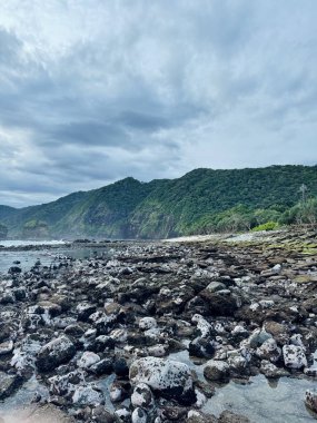 Kayalıkları ve uzak tropik tepeleri olan doğal kıyı şeridi