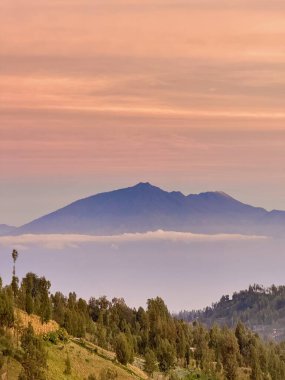 Dağların katmanları Arjuno, Welirang, Kembar gün doğumunda sisli tepelerden yükseliyor.