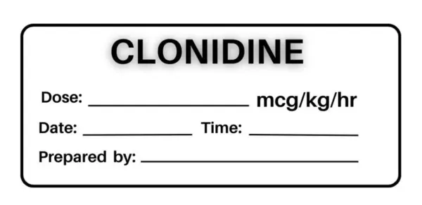 Siyah beyaz klonidine ilaç etiketi, yoğun bakımda hipertansiyon, ağrı yönetimi ve yatıştırma için kullanılır..