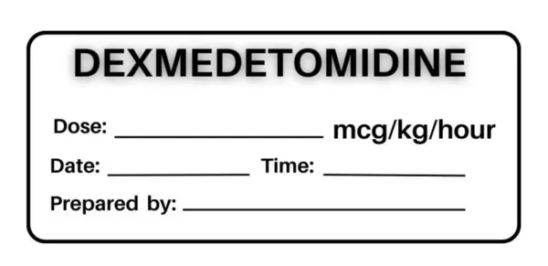 Dexmedetomidine ilaç etiketi siyah-beyaz, sakinleştirici, yoğun bakım yönetimi ve anestezi için kullanılır..