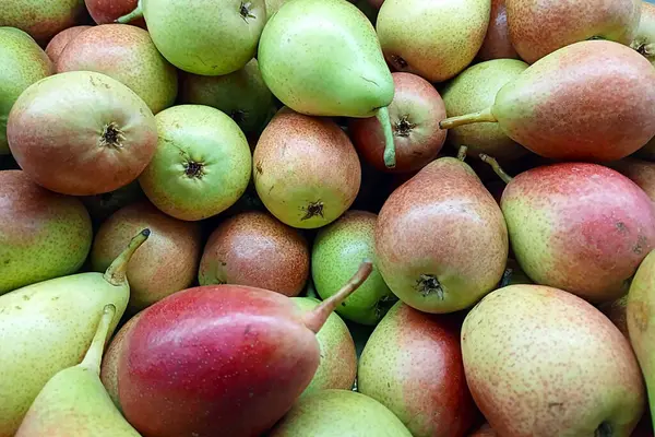 Market ya da pazar ortamında taze kırmızı ve yeşil armutlardan oluşan canlı bir koleksiyon, sağlık, beslenme ve taze ürün içeriği için ideal..