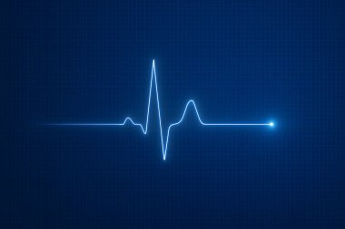 Mavi şebeke arka planında dijital kalp atış hızı dalgalanması, modern bir tıbbi ekranda hayati belirtileri temsil eden parlayan bir ECG sinyali gösteriyor.