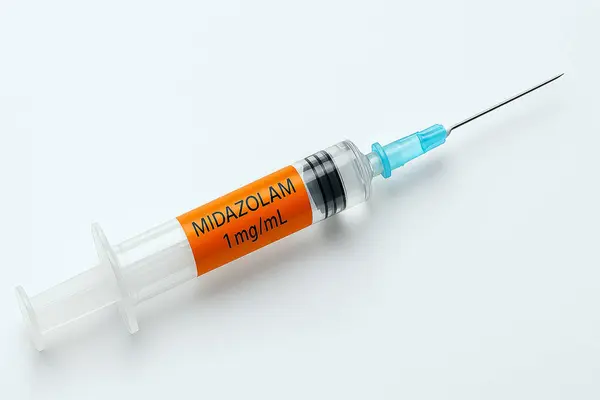 Midazolam 1 mg / mL etiketli beyaz zemin üzerinde şırınga. Sakinleştirici, anestezi ve acil tıp için kullanılır. Tıbbi ve ilaç konsepti.
