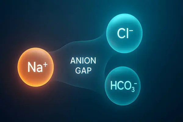 Sodyum, klorür ve bikarbonat iyonlarının asit bazlı bozukluk teşhisinde kullanılan anyon boşluğu kavramını oluşturduğunu gösteren dijital tıbbi illüstrasyon..
