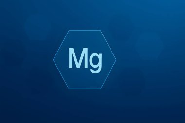 Magnezyum kimyasal element sembolü MG 'nin, tıbbi veya besin teması için ideal, temiz, koyu mavi gradyan arkaplan üzerine kurulmuş bir altıgende minimum dijital çizimi.