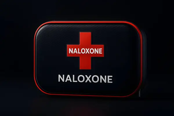 Kırmızı haç amblemi olan siyah bir acil nalokson vakasının yakın plan çekimi, aşırı doz opioid kullanımını tersine çevirmek için kullanılır, tıbbi veya farkındalık amacıyla karanlık bir arkaplanda görüntülenir..