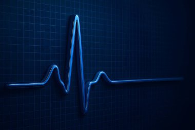 Yüksek çözünürlüklü 3D ECG dalga formu koyu mavi bir ızgarada kabartmalı. Sağlık, kardiyoloji ve teknolojik görseller için mükemmel. Kusursuz ve profesyonel tasarım
