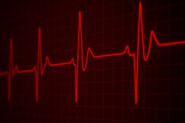 4K çözünürlüğünde koyu arkaplanda kırmızı EKG izi. Parlayan kalp atışları kardiyoloji, acil durum, yoğun bakım ya da sağlık monitörleri için ideal