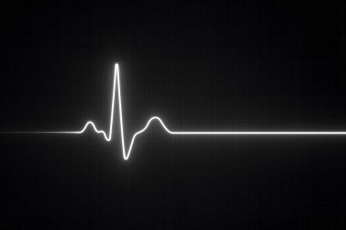 Yüksek çözünürlüklü 4K EKG izi var. Siyah şebeke arka planında beyaz kalp atışı dalgalanması var. Tıbbi, kardiyoloji veya sağlık hizmetleri görsel ve sunumları için ideal.