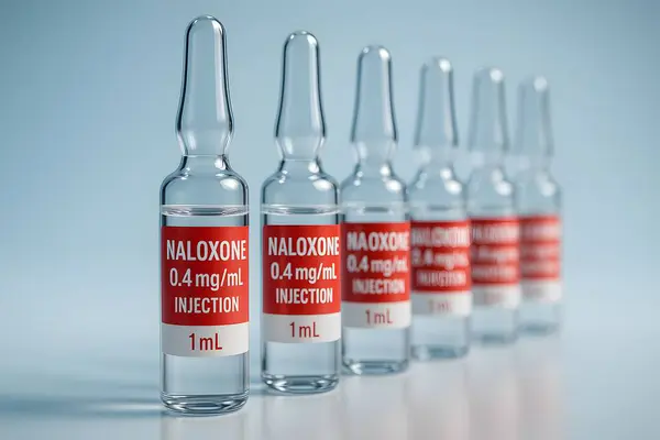 hiper-gerçekçi 3D nalokson 0.4 mg / mL enjeksiyon ampulleri sinematik görünüm ve gök mavisi klinik arkaplan