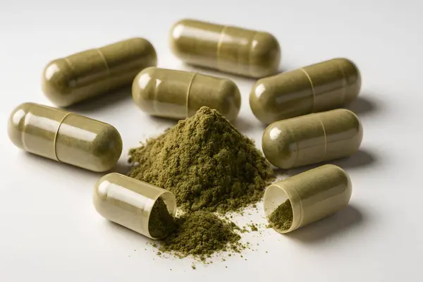 Bitkisel kapsülleri ve beyaz zemin üzerine dökülen tozu gösteren yüksek çözünürlüklü görüntü, doğal takviyeleri, sağlık ilaçlarını veya bitki temelli ilaçları resmetmek için ideal