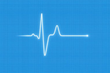 Yüksek çözünürlüklü beyaz bir ecg dalga formunun, tıbbi ve sağlık hizmetleri görselleri için ideal, gökyüzü mavi grafik kağıt ızgara arka planında görüntüsü
