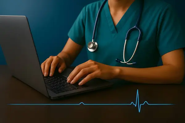 Stetoskop ve kalp atışı monitörüyle dizüstü bilgisayarda daktilo yazan bir tıp uzmanı.