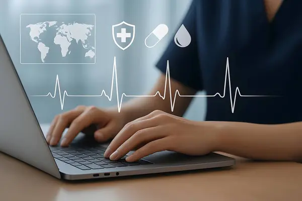 Tıbbi simgeler ve ekokardiyografide dijital sağlığı sembolize eden dizüstü bilgisayarda yazı yazan ellerin kapatılması