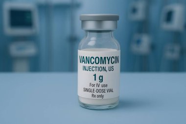 Serum enjeksiyonu için kullanılan vankomisin 1g şişesinin yüksek kaliteli görüntüsü, yoğun bakım ortamında tıbbi kullanım için fotoğraflandı