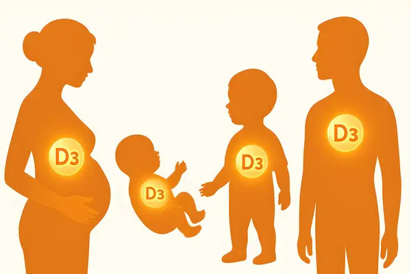 D3 vitamininin hamilelikten yetişkinliğe olan önemini gösteren illüstrasyon, yaşam sahnesi faydalarını vurguluyor