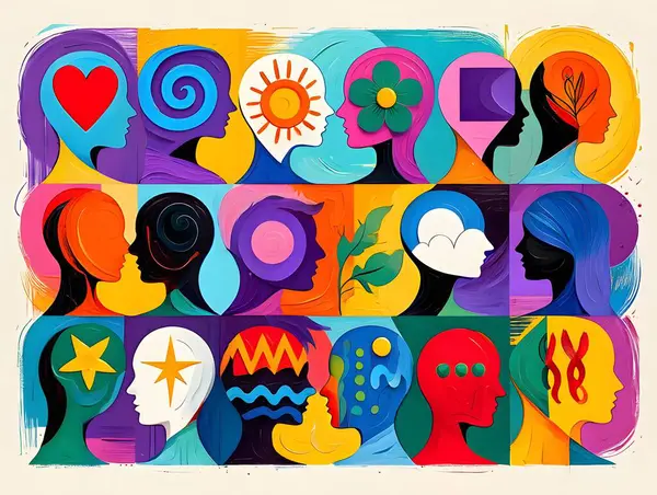 Zihinsel sağlığı, duyguları ve psikoloji kavramlarını temsil eden sembolleri olan farklı insan profillerinin renkli soyut çizimi. Sağlık, terapi ve farkındalık konuları için ideal..