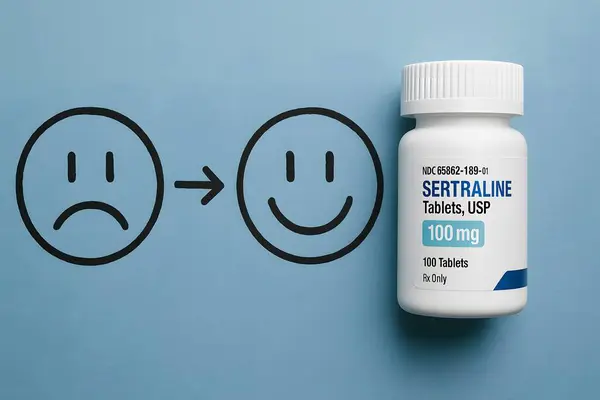 Sertralin antidepresan konsepti üzüntüden mutluluk tabletlerine geçiş gösteriyor.
