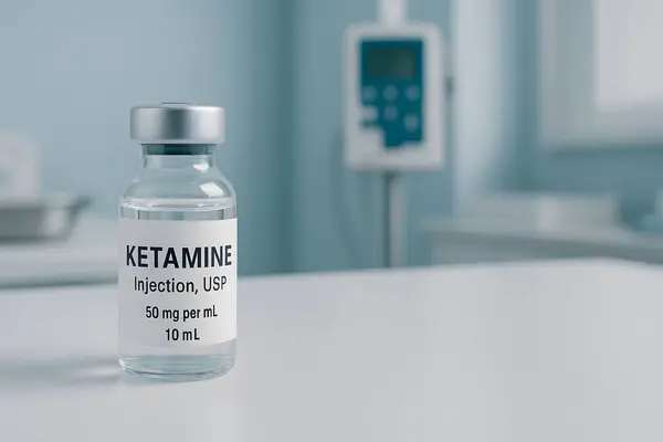 Steril bir infüzyon odasına yerleştirilmiş 50 mg / mL etiketli temiz ketamin enjeksiyon şişesi yumuşak mavi tıbbi tonlarla, anestezi, yoğun bakım ya da klinik tedavi için ideal