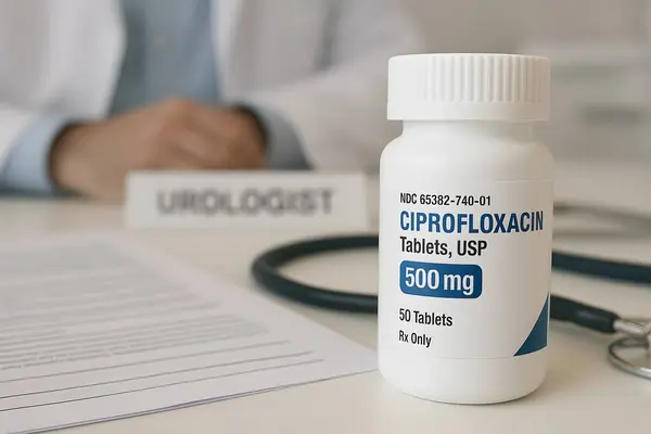 Arka planda ürolog ve steteskopla birlikte klinik bir ortamda 500 mg reçete şişesinin yüksek çözünürlüklü görüntüsü, tıbbi ve ilaç görselleri için idealdir.