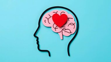 Mavi arka planda kalbi ve beyni olan stilize edilmiş bir insan kafasında duygusal zekanın, akıl sağlığının ve beyin-kalp bağlantısının sembolik çizimi