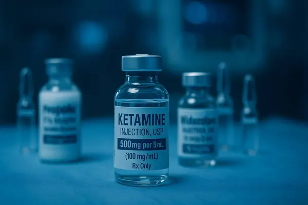 Steril ketamin enjeksiyon şişesinde 500mg / 5mL etiketli midazolam, propofol ve ampuller klinik mavi tonlu yoğun bakım ya da ameliyathane ortamında bir ameliyat masasında.