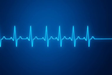 Koyu arkaplanda neon mavi EKG kalp atışı dalgalanması, kalp ritmini ve kardiyak izlemeyi temsil ediyor