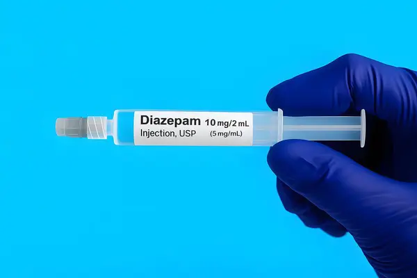 Üzerinde mavi eldivenli bir el tarafından tutulan 10 mg / 2 mL etiketli diazepam enjeksiyonunun yakın çekimi. Parlak mavi arka planda izole edilmiş. Sağlık, ilaç veya acil durum kullanımı için idealdir..