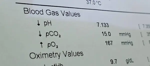 ph pco2 po2 değerleri ve anormal sonuçlara sahip kan gazı analizi raporunun yakın plan çekimi, tıp eğitimi, solunum bakımı, kritik bakım ve klinik eğitim görselleri için ideal