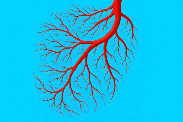 Dallanan kırmızı bir arterin ya da canlı mavi arkaplan üzerindeki kan damarının detaylı tıbbi çizimi