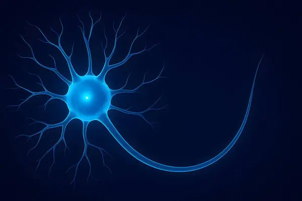 Nöroloji veya biyoloji içeriği için akson ve dendritleri gösteren son derece detaylı nöron çizimi.