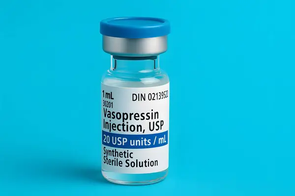 vazopressin enjeksiyonu usp 20 ünite / ml şişe mavi kapaklı ve sentetik steril solüsyon etiketli, temiz bir tıbbi mavi arka planda sergileniyor, ilaç ve yoğun bakım için mükemmel