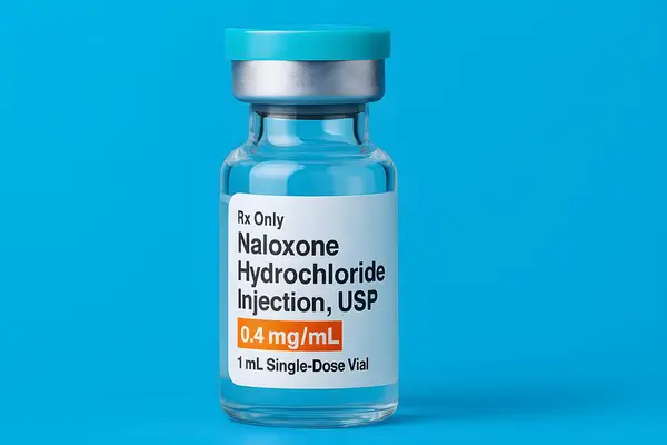 nalokson hidroklorür enjeksiyonu usp 0.4 mg / mL tek doz şişe ile deniz mavisi kapsülü ve turuncu etiketli, temiz mavi arkaplan üzerine yerleştirilmiş, acil tıp ve opioid ters görsel için ideal