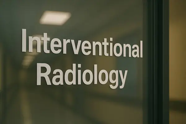 Arka planda bulanık koridor bulunan, tıbbi, klinik ve sağlık hizmetleri için ideal, müdahale amaçlı radyoloji etiketli modern hastane kapısı.