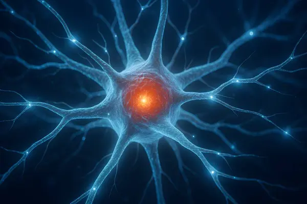 Parlayan aksonları ve sinaptik sinyalleri olan bir insan nöronunun yüksek çözünürlüklü üç boyutlu çizimi, beyin aktivitesini, nörobilimi ve nöral iletişimi sembolize eder..