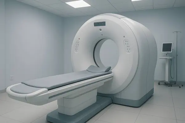 Gelişmiş MRI ya da CT tarayıcısı olan temiz, boş bir hastane radyoloji odasının yüksek çözünürlüklü görüntüsü. Sağlık hizmetleri, tanı ve tıbbi görüntüleme konuları için ideal.
