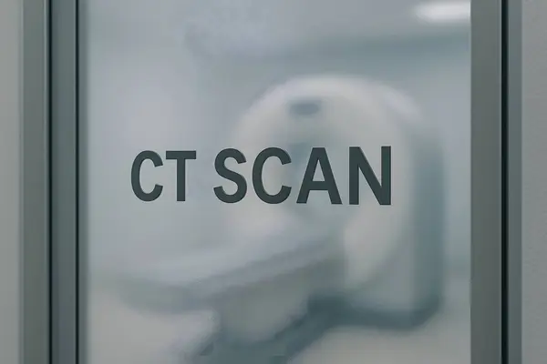Tomografi odası kapısının yüksek kaliteli görüntüsü. Buzlu camda CT taraması etiketi var. Hastane, tanısal görüntüleme, sağlık ve radyolojiyle ilgili görseller için ideal.
