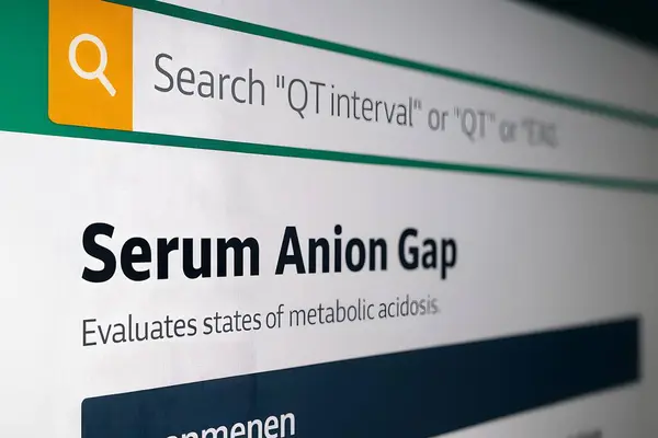 Metabolik asidozu değerlendirmek için kullanılan serum anyon boşluğu hesap makinesi arayüzünün yakın çekimi. Yoğun bakım, laboratuvar, acil tıp, nefroloji ve klinik tanı konuları için ideal..