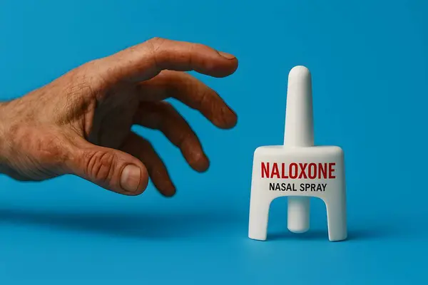 Nalokson burun spreyinin yakın çekimi ve ona uzanan bir el, açık mavi arka planda görülen acil durum opioid aşırı doz müdahalesini sembolize ediyor.