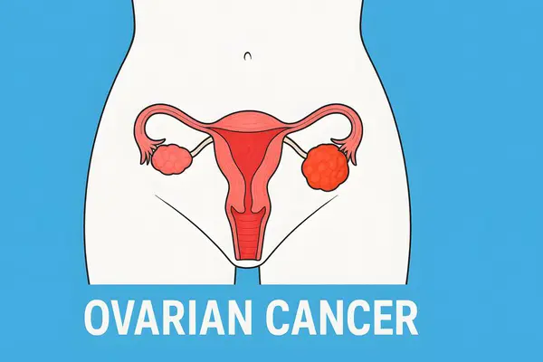 Yumurtalık kanseri farkındalığı, eğitim ve klinik referans için kullanılan, vurgulanmış yumurtalık tümörlü kadın üreme sistemini gösteren tıbbi diyagram