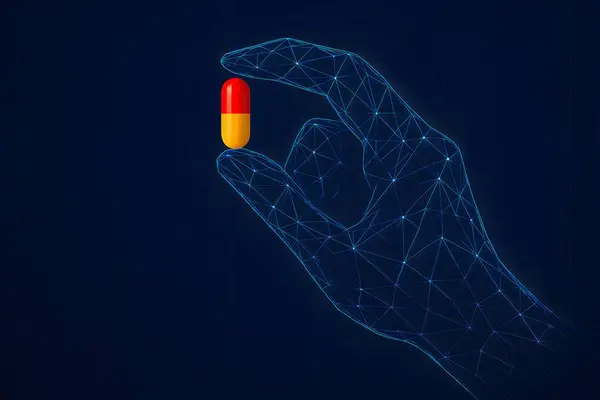 Çokgen telli el, kırmızı ve sarı kapsül hapını karanlık ızgara üzerinde tutuyor, gelecekteki tıbbı ve sağlık hizmetlerini simgeliyor.