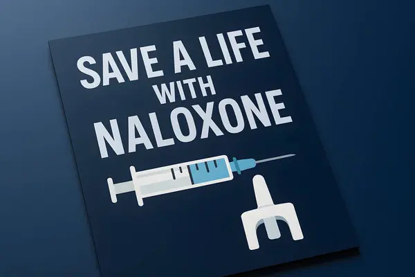 Şırınga ve burun spreyi ikonlarıyla nalokson salgılayan farkındalık posteri, aşırı doz geri alma ve acil müdahale eğitimi teşvik ediyor